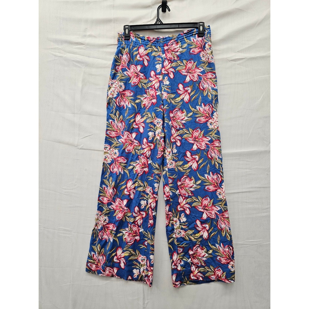 A New Day Womens Wide Leg Floral Pants Blue Linen Blend Casual Size Medium